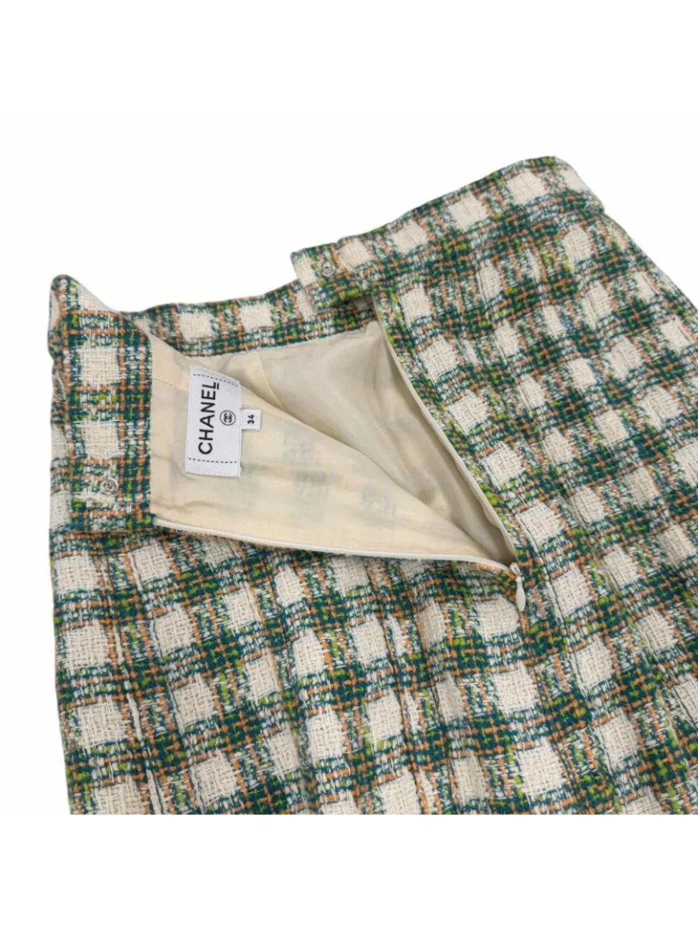 Chanel Silk Linen Blend Coco Buttons Long Skirt Green Ivory 34